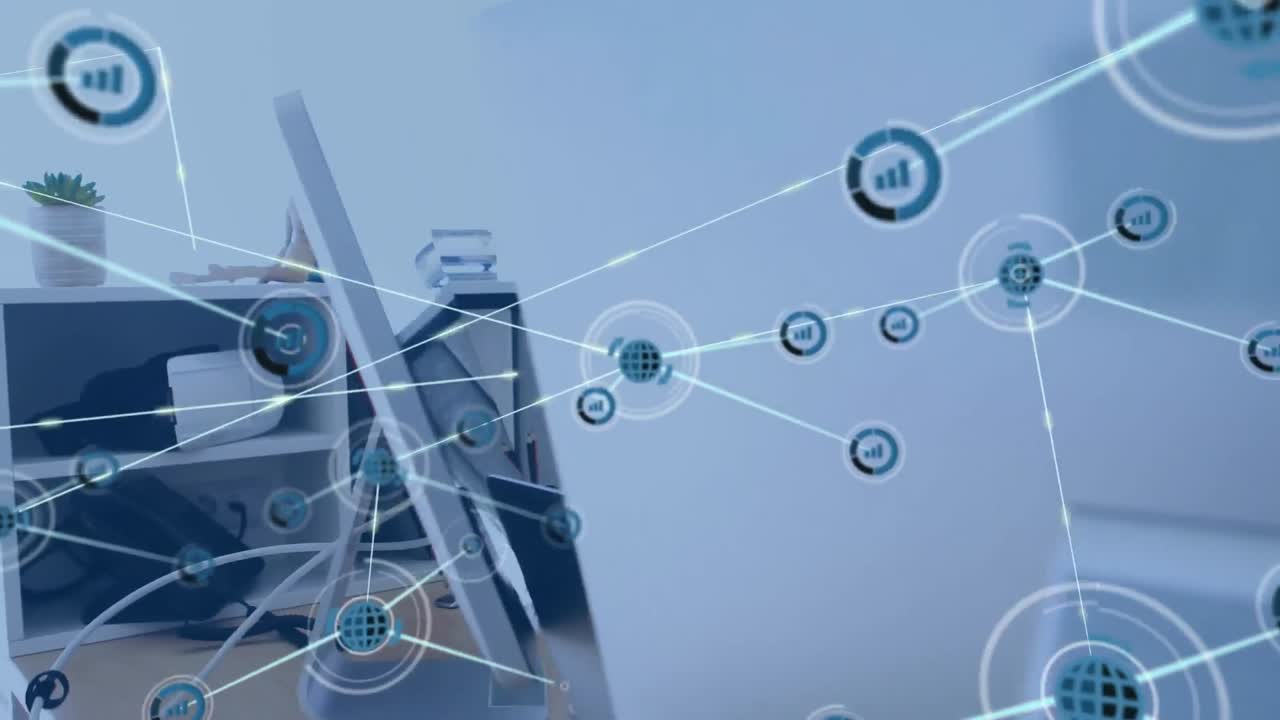 사무실에서 컴퓨터를 사용하는 백인 남성에 대한 디지털 아이콘 네트워크의 애니메이션