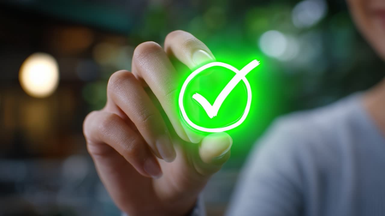 A person holding a glowing green checkmark in hand, symbolizing achievement, satisfaction, and approval against a blurred natural background