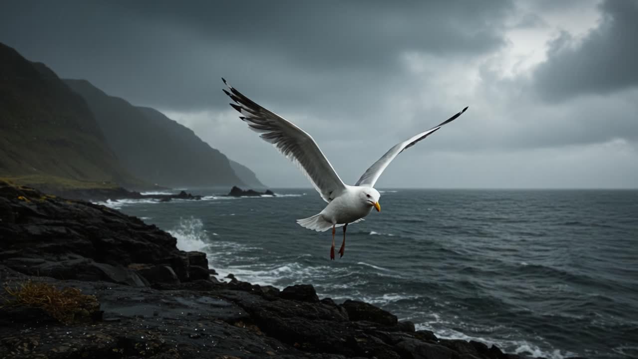 Seagull in Flight Over a Dramatic and Stormy Coastline
