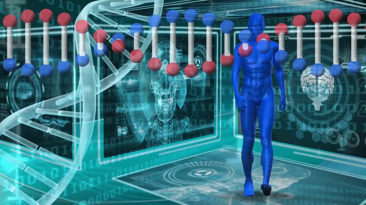 인체 모델을 돌고 있는 dna 구조의 애니메이션을 의료 데이터 처리에 대항하여