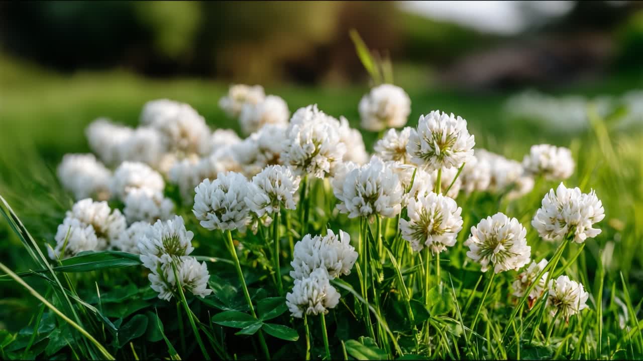 A Vibrant Close-Up of White Clover Blossoms in a Sunlit Meadow, Showcasing Nature's Beauty and the Delicate Details of Each Flower