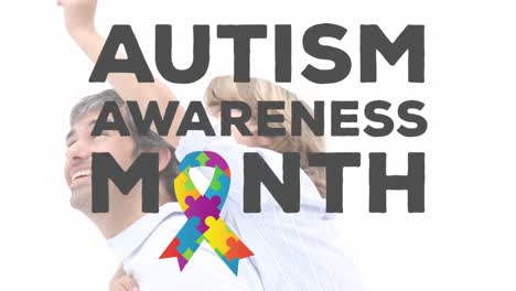 animation of autism awareness month symbol with father carrying piggyback his son
