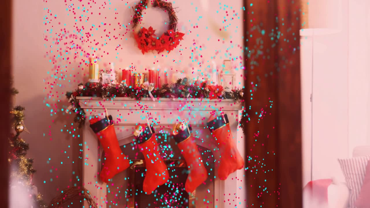 Digital particles appearing atop frosted glass, swirling and clearing frost to reveal festive scene