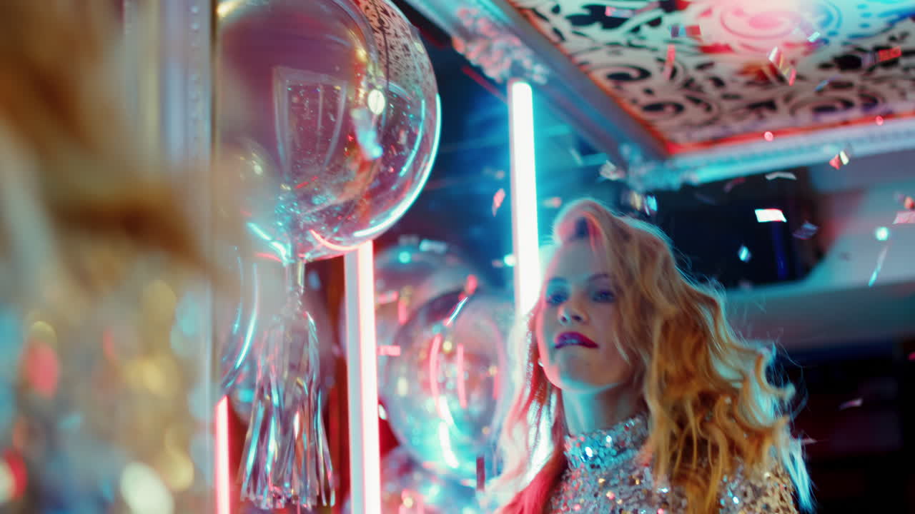 una persona linda bailando cerca del espejo en una fiesta. una chica examinándose en un club