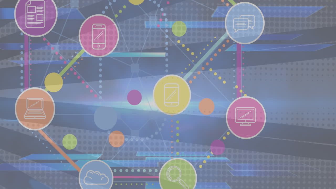 animación de una red de iconos digitales sobre franjas giratorias en el fondo