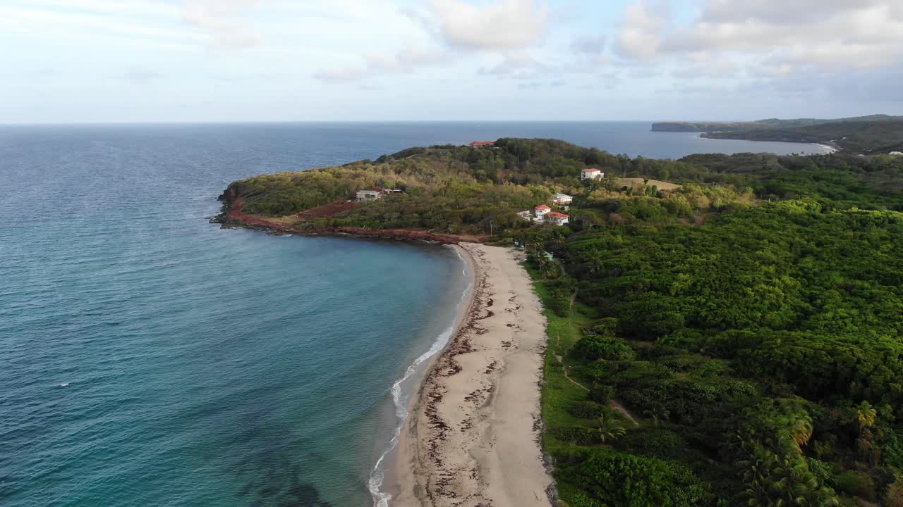 playa de levera en granada con vegetación exuberante y aguas claras, luz de la mañana temprano, vista aérea