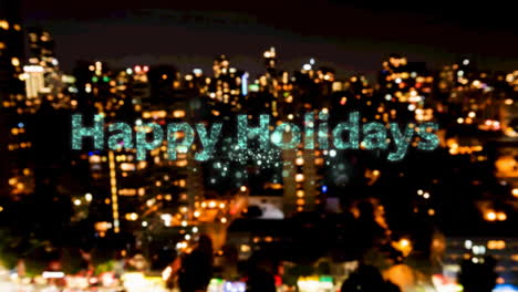 happy holidays text over fireworks bursting against aerial view of night cityscape