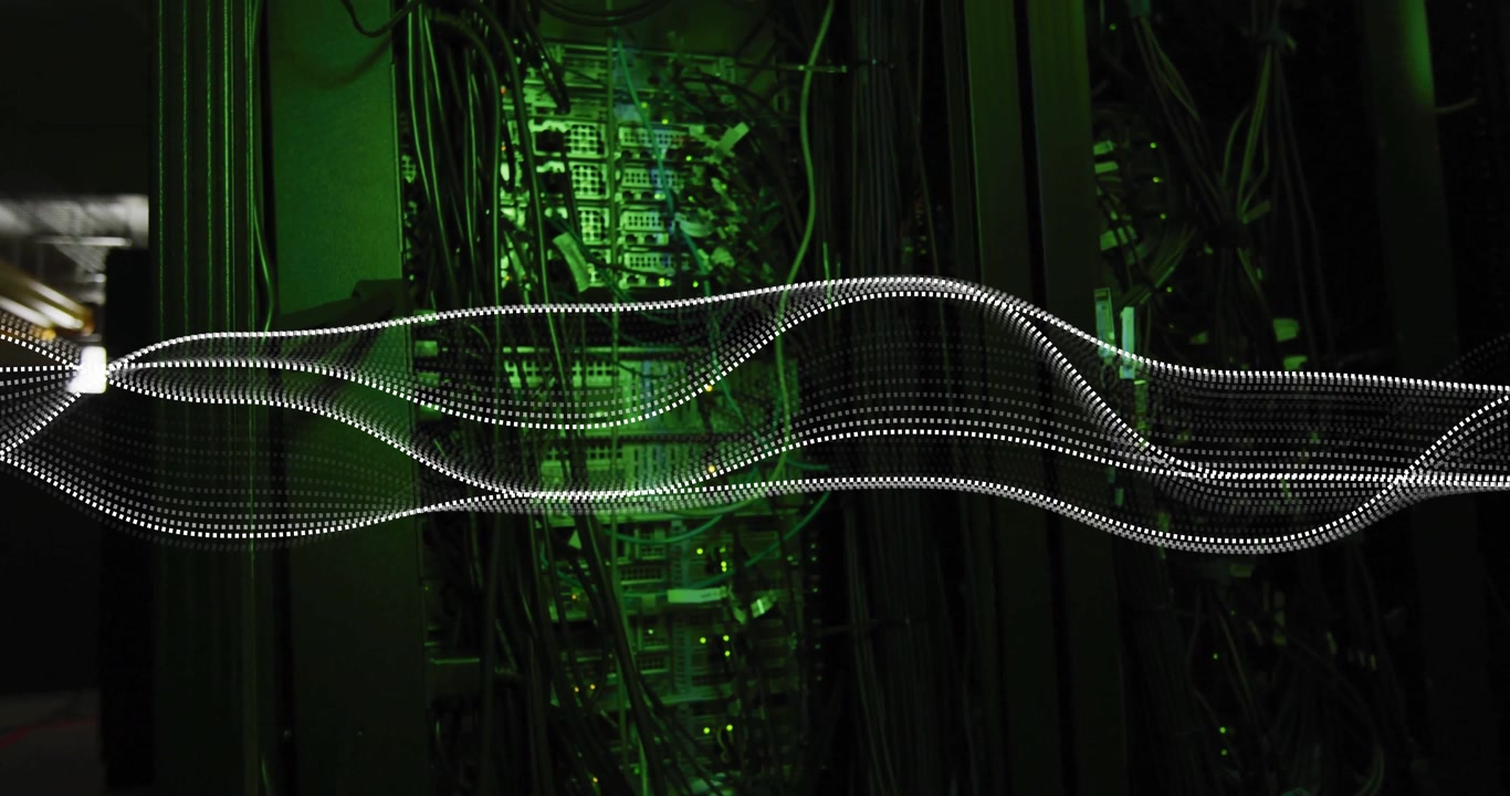 After 1s dotted waveform appearing right and gliding left across server rack representing data flow