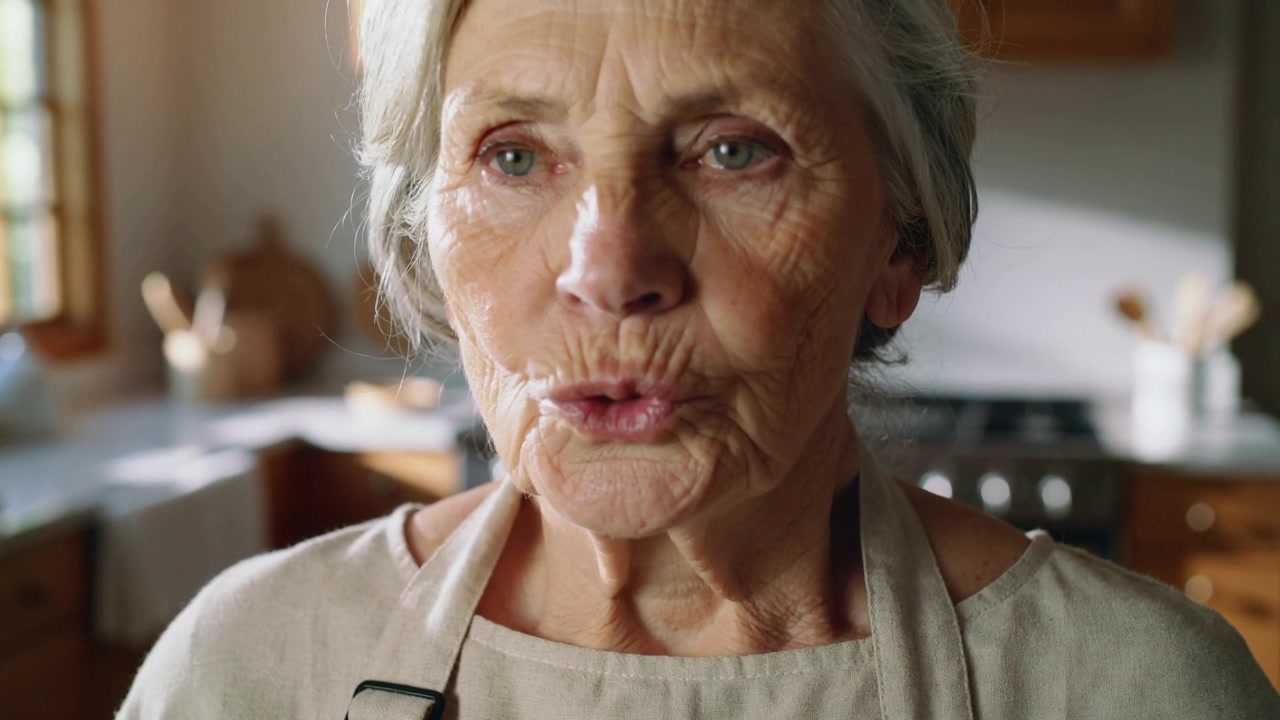 Concentrating senior woman pursing lips and exhaling in kitchen, wearing light apron, stove visible