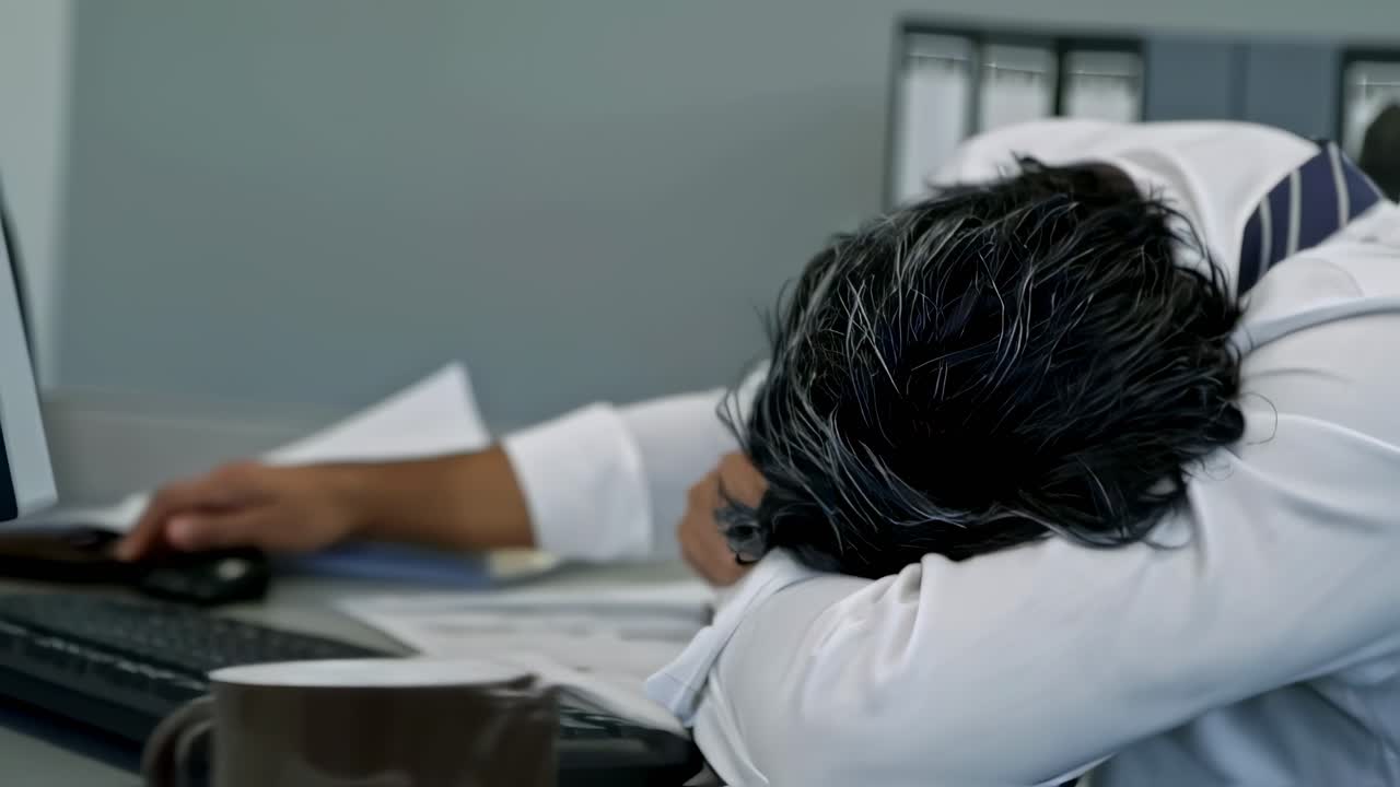 Exhausted businessman sleeping at his desk in the office, showcasing the toll of long hours and high stress. Overworked and fatigued, he drifts into a much needed nap amidst deadlines and pressure