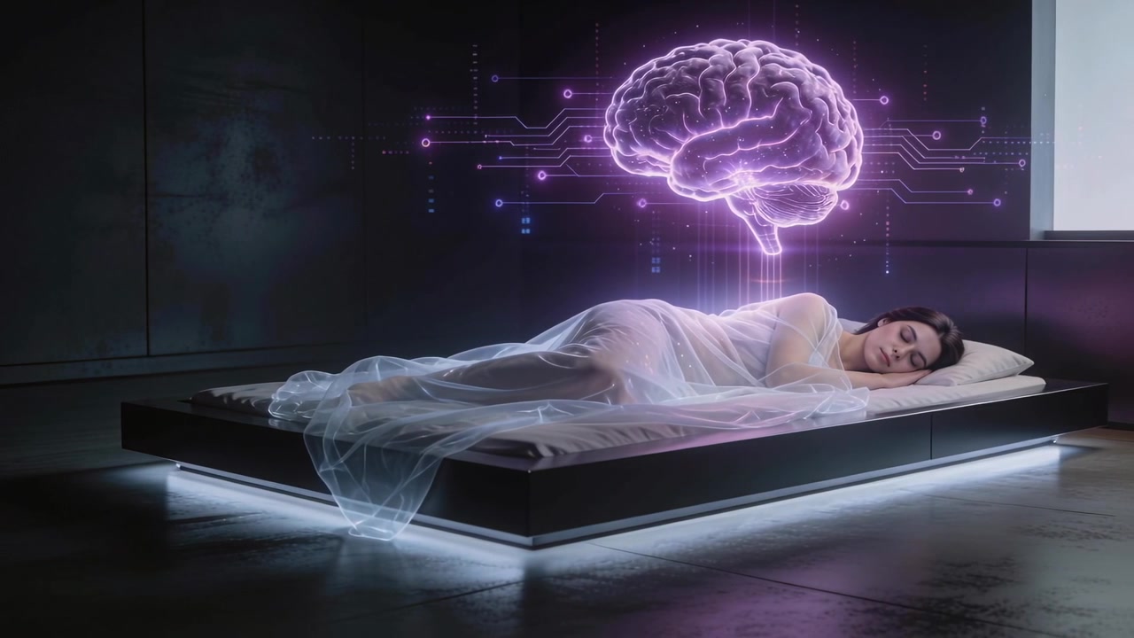 Donna sdraiata che respira su un letto a piattaforma, con un lenzuolo di garza, mentre appare un ologramma di cervello viola per uno studio sul sonno.