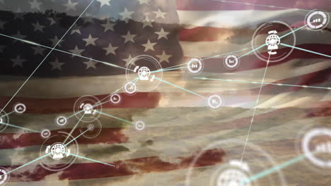 animation of network of data and communication icons over flag of america and cloudy sky