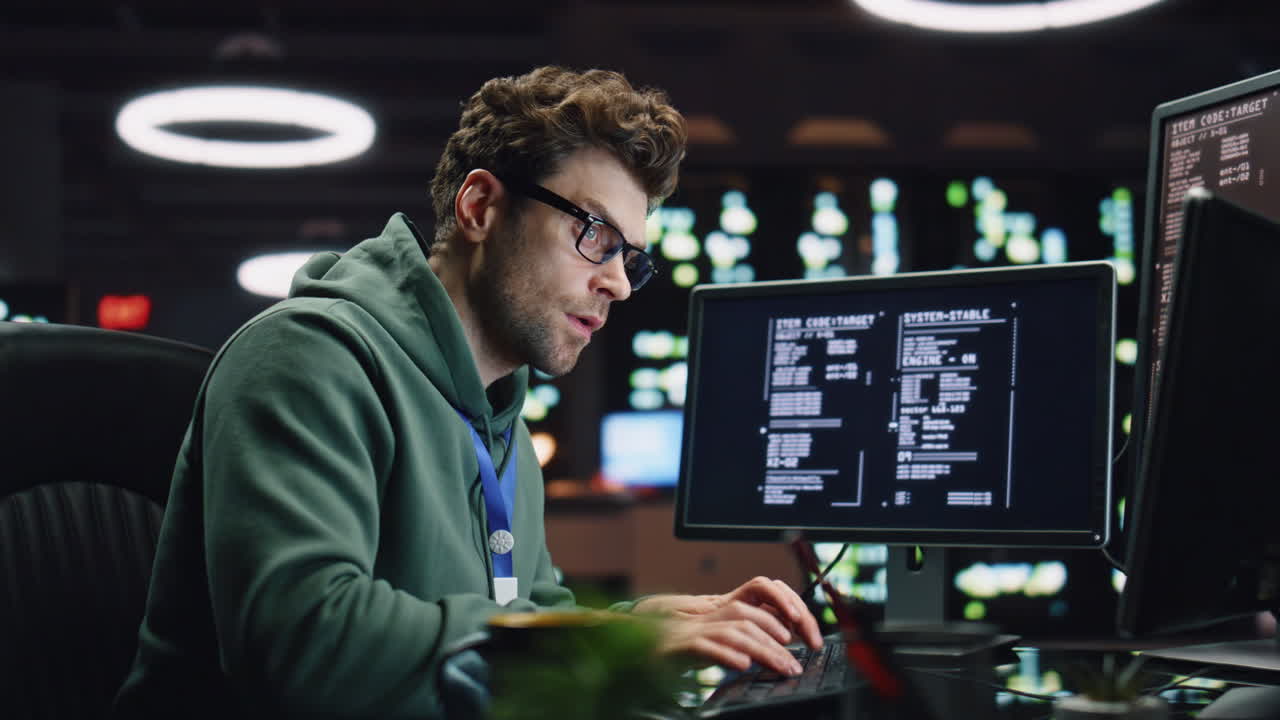 pensando administrador de sistemas trabajando en la computadora en el centro de datos de primer plano.