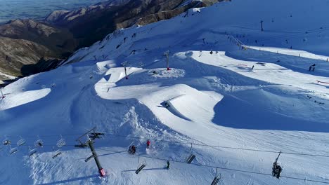 aerial view of the ski resort as skiers use ski lifts and ski jumps, mt