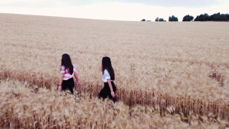 aerial view of two women enjoying nature while walking through a wheat field. agriculture and rural concept.