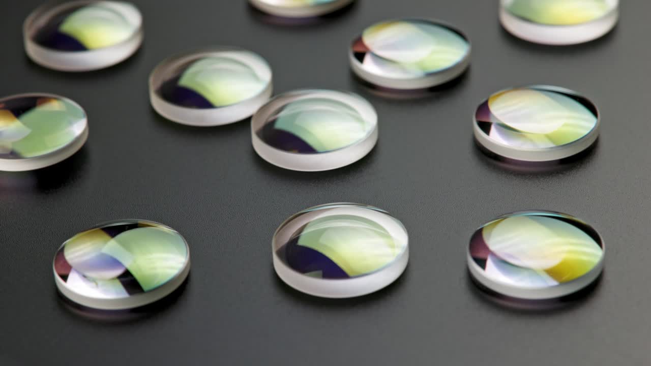 평평한 검은색 표면에 둥근 유리 렌즈 조각의 전체 프레임 루프 회전 배경