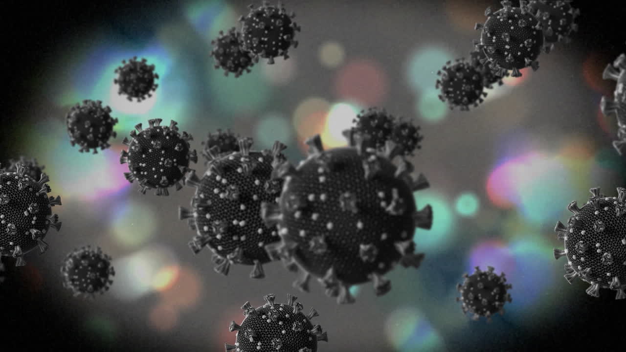 animación de células de covid-19 flotando sobre múltiples puntos de luz en el fondo