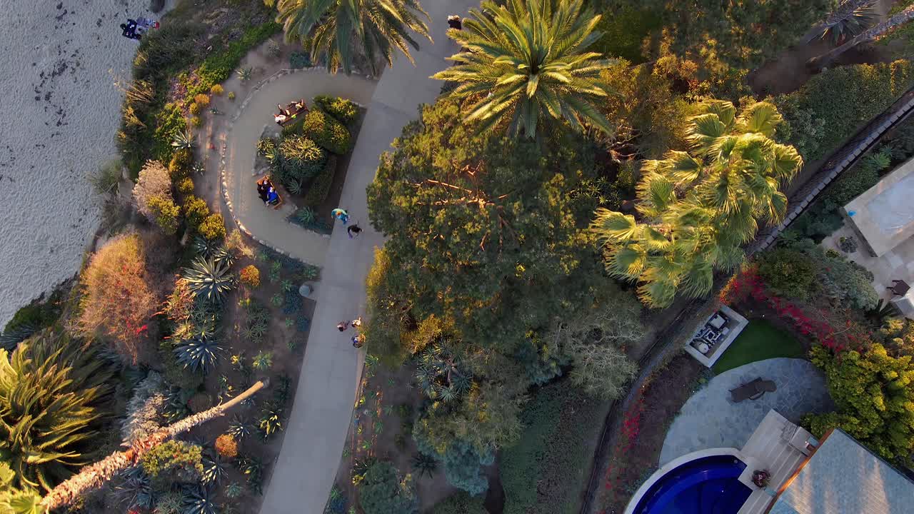 Aerial view of people walking on a path in a park