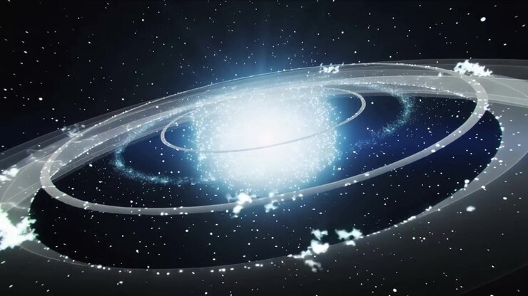 Pulsing blue core intensifying, rotating rings emitting flares, arcs, sparks in dense starfield