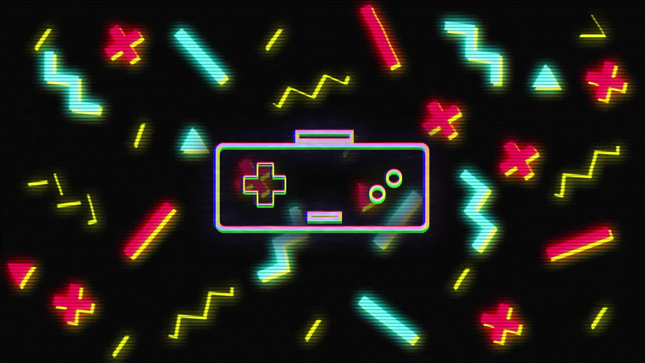 Neon-outlined gamepad being animated on dark backdrop with floating zigzag crosses and arrows