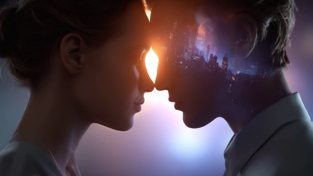 Ein fesselnder Moment der Verbundenheit: Zwei silhouettierte Figuren teilen einen intimen Blick, während ihre inneren Welten vor dem Hintergrund einer lebendigen Stadtlandschaft verschmelzen.