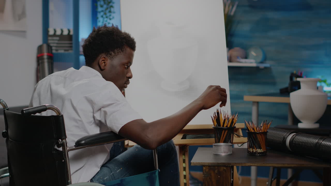 Black invalid person sitting in artwork space drawing vase