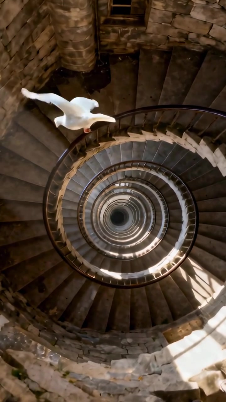 Vídeo vertical: Pomba branca entrando e voando através de escada em espiral em torre perto de corrimão de metal, luz solar