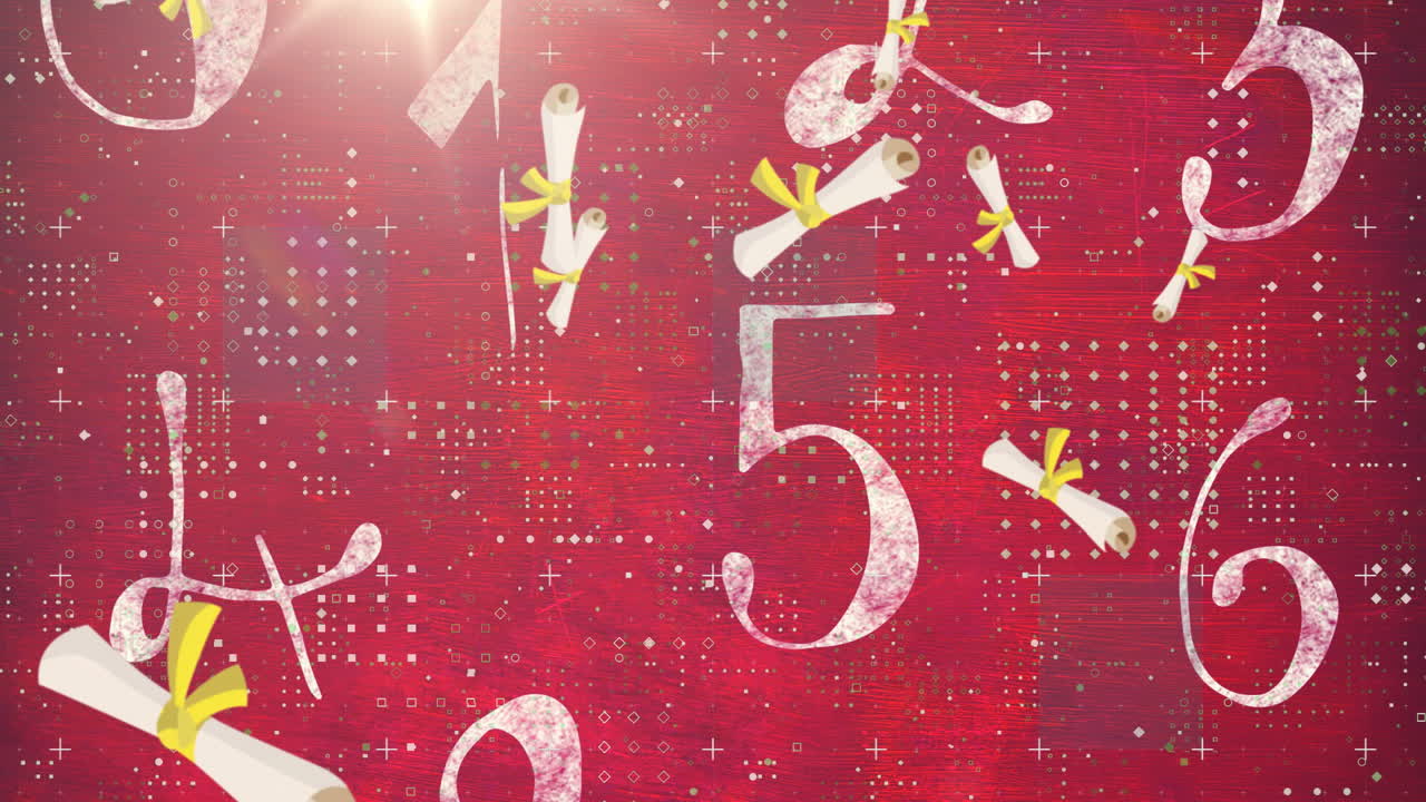 Animation of scrolls and numbers floating over red background with abstract patterns