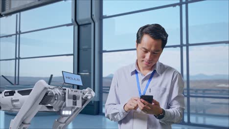 man using smartphone near a robot in a modern factory