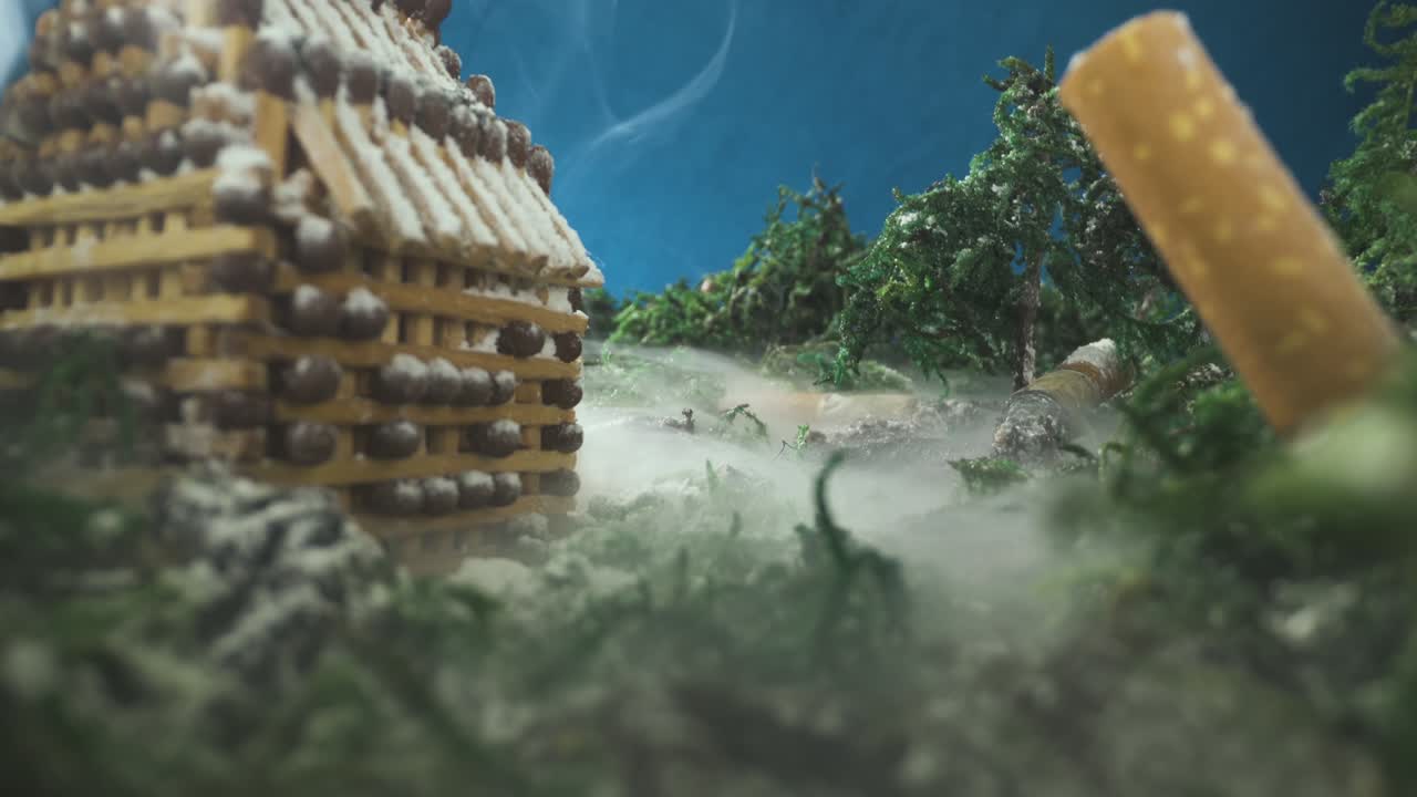 miniatura con construcción de fósforos y humo en madera