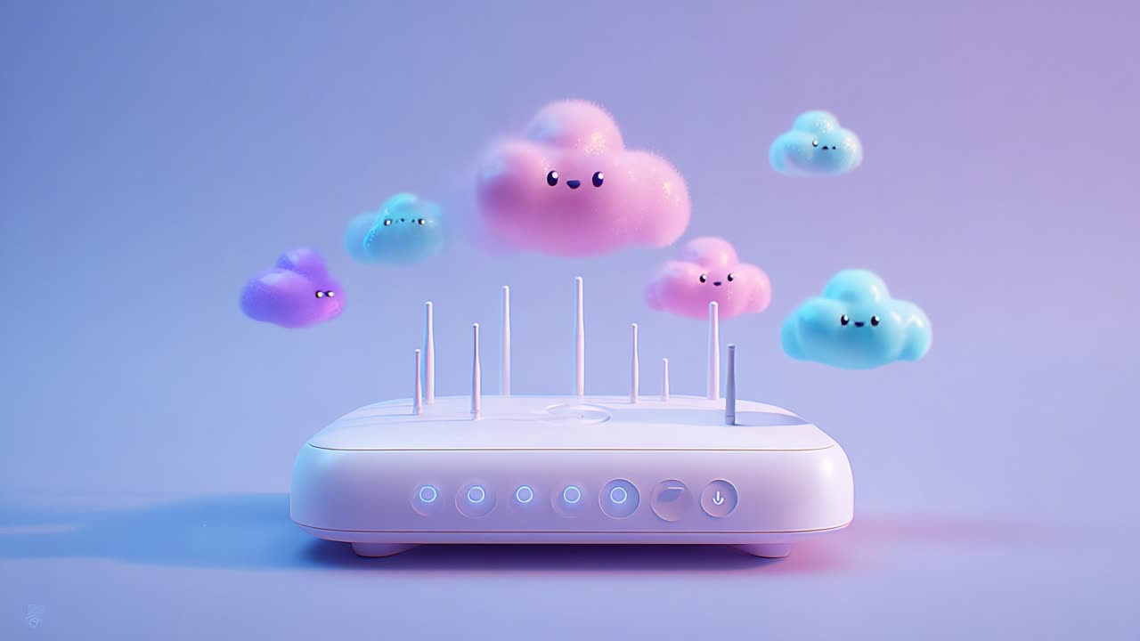 A whimsical scene featuring a modern router surrounded by cute, animated clouds, representing connectivity and the playful side of technology in a vibrant, dreamy atmosphere