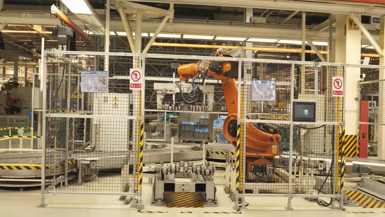 Industrial workshop technology concept, robotic automation automotive vehicle production factory manufacturing facility assembled engines heavy duty truck with Robot Arms assembling on production line