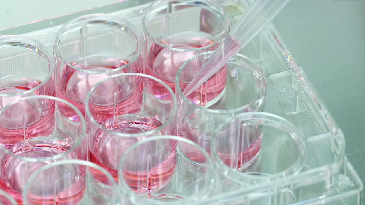 Researcher using micropipette dropping antibiotics into a cell culture in a laboratory for biologic tests. Scientist hand holding microplate for biomedical research