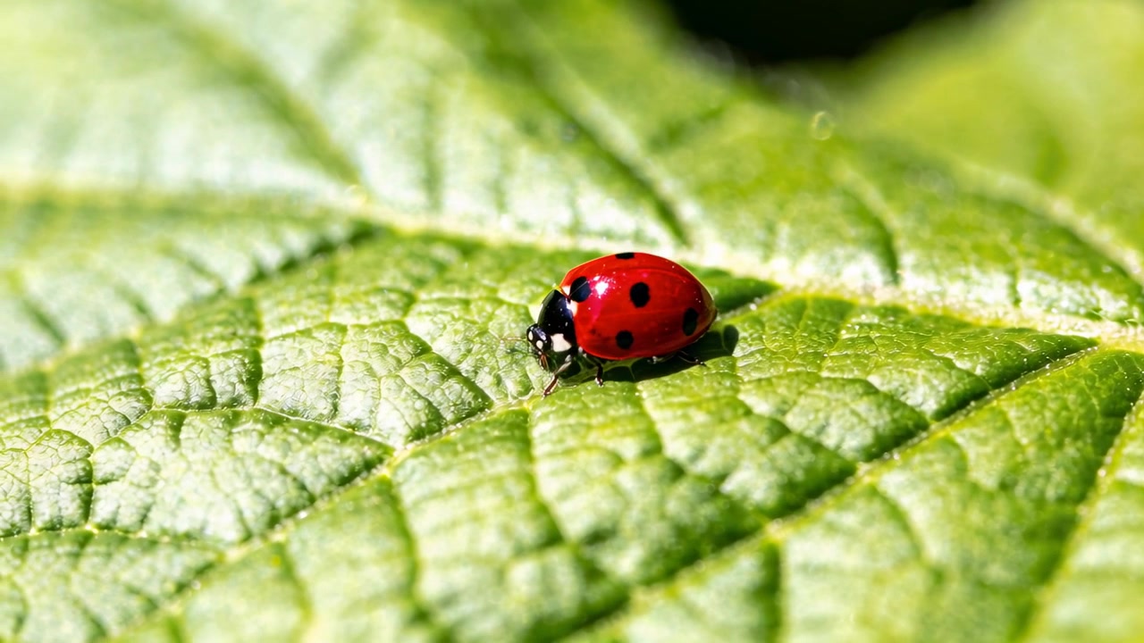 Crawling red spotted ladybug antennae probing, negotiating leaf veins in garden, sunlight glinting