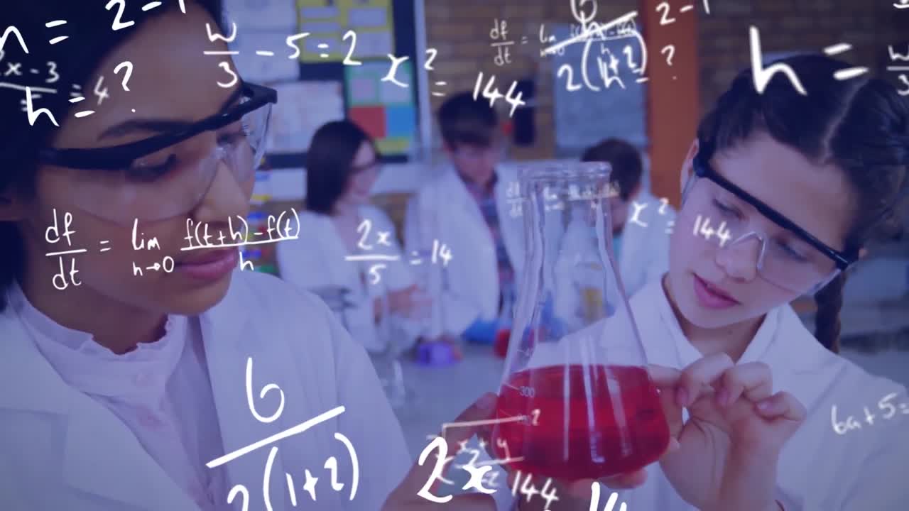 Animation of mathematical sums over diverse scientists examining liquid in beaker at laboratory