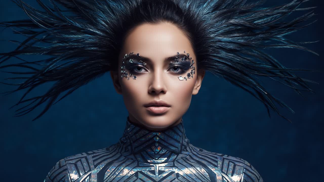 Una splendida modella con un'acconciatura a spillo unica e un trucco elaborato posa elegantemente contro uno sfondo blu intenso, mettendo in mostra audace arte e innovazione nella moda.