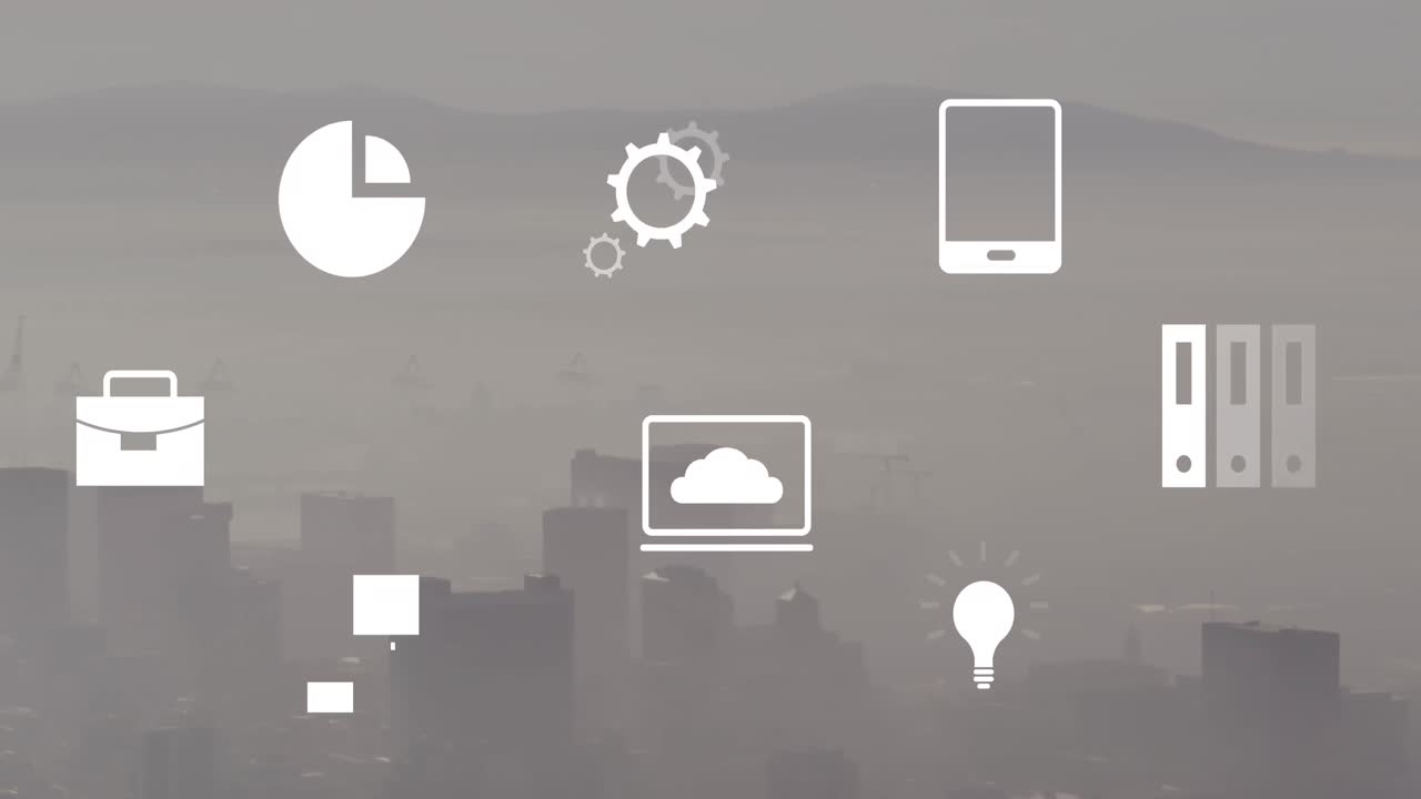 Animation of icona and financial data processing over cityscape