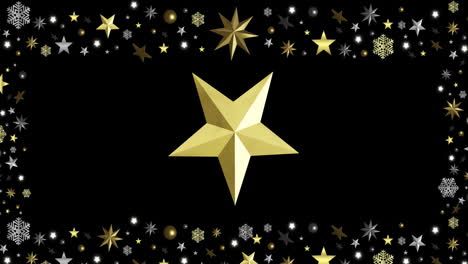 animación de una estrella dorada girando sobre las decoraciones de navidad sobre fondo negro