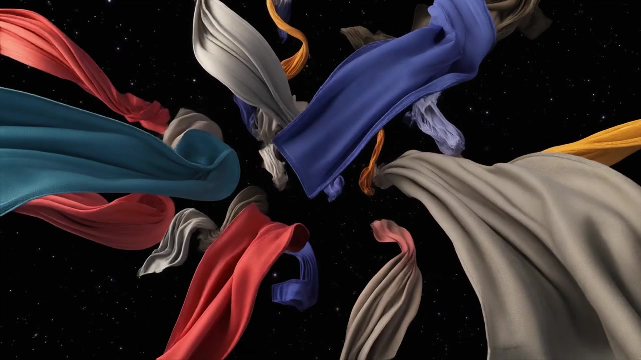 Abstrakt animation af farverige svævende stofstrimler i rummet