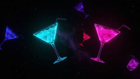 a sparkling celebration of colorful drinks showcasing a mystical atmosphere with floating glasses, illuminated by neon lights in a cosmic background