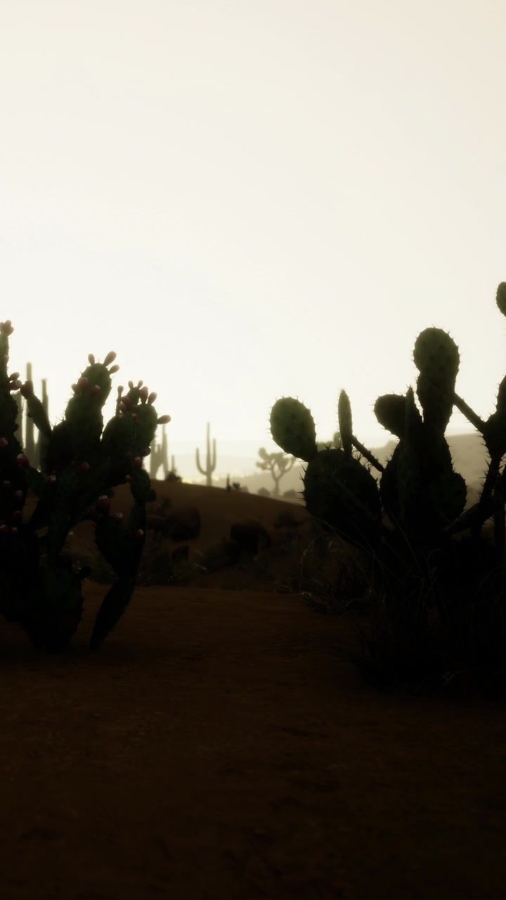 Paesaggio desertico con sagome di cactus all'imbrunire.
