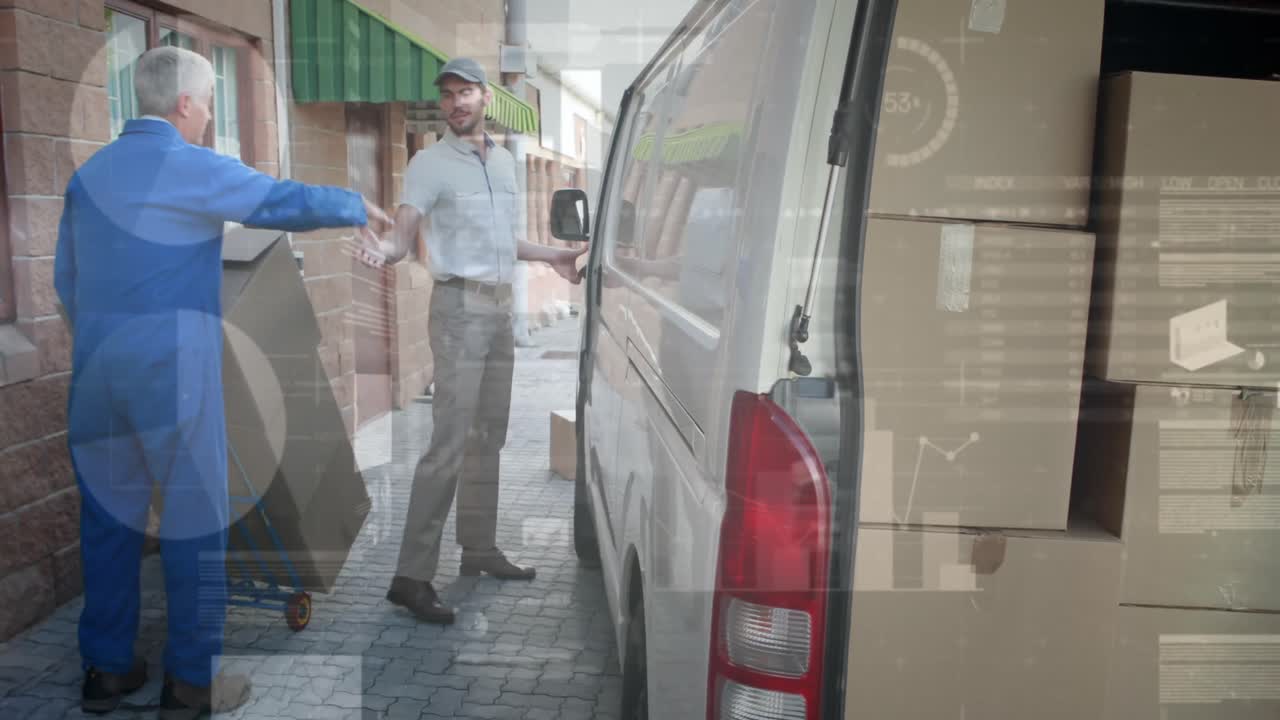 통계 및 금융 데이터 처리의 애니메이션 배달 남자와 밴