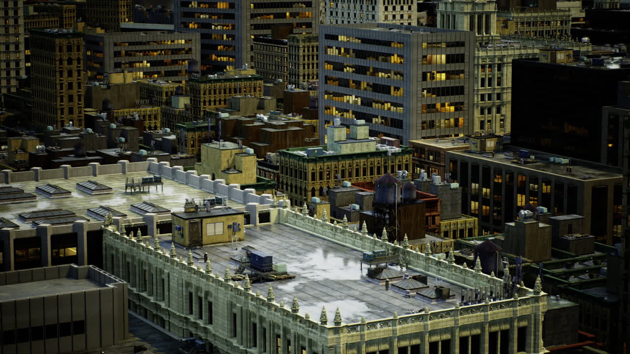 Urban evening panorama showcasing buildings and city lights at dusk