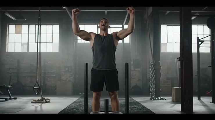 Muscular Man Pushing Sled and Celebrating Success in Gym