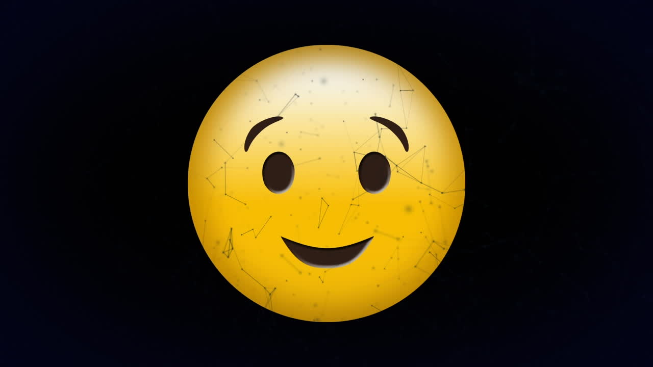 Digital animation of network of connections floating over winking face emoji on black background