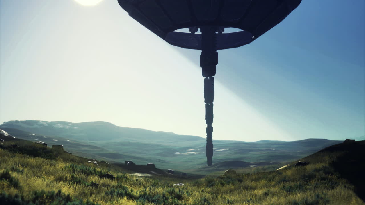 Spectacular alien ship hovers over a serene landscape during daylight hours