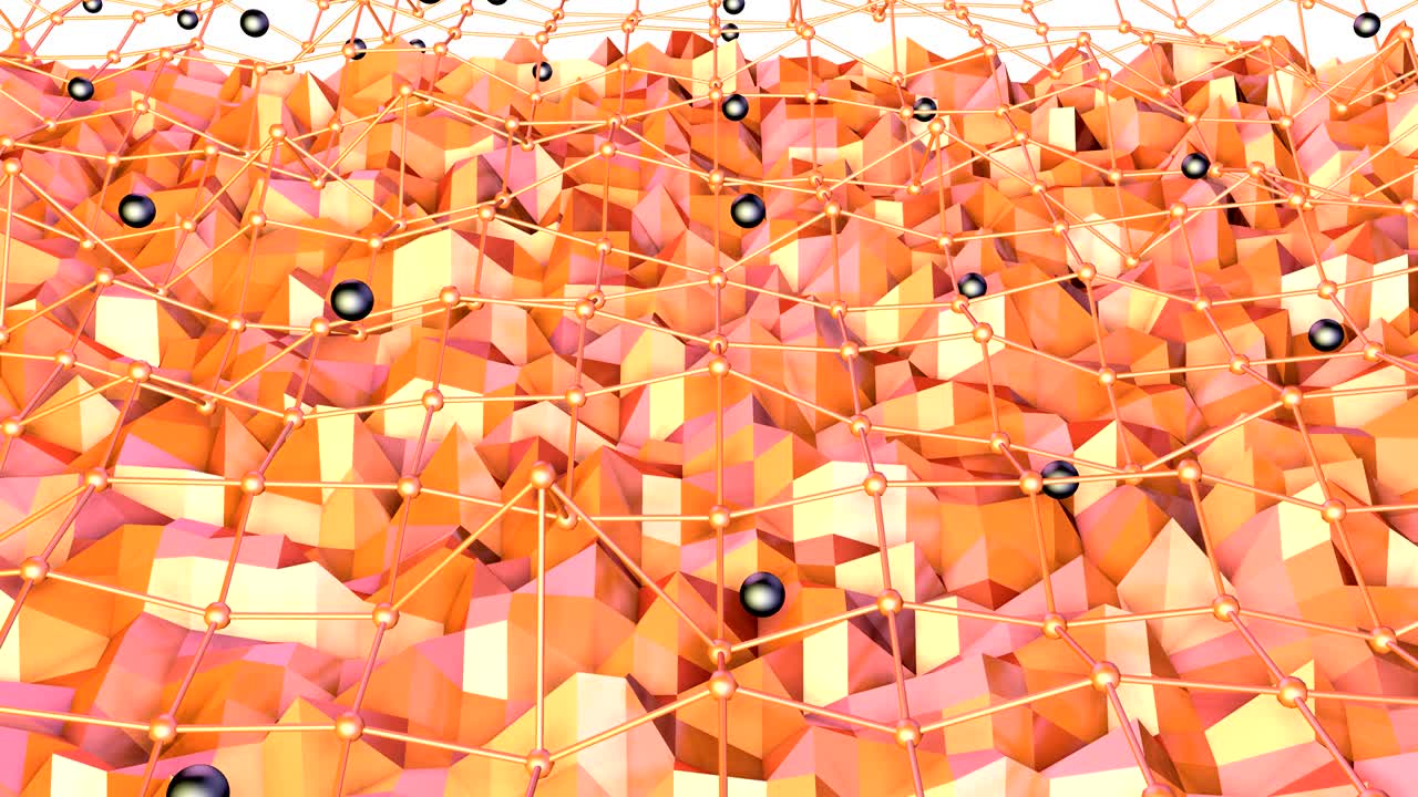 baja superficie polimétrica 3d con cuadrícula o malla voladora y esferas negras como fondo de moda. suave fondo geométrico bajo polimétrico de polígonos rojos naranjas puros. fondo de bucle sin costuras 4k fullhd
