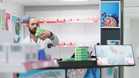 healthcare staff organizing all pharmaceutics on store shelves