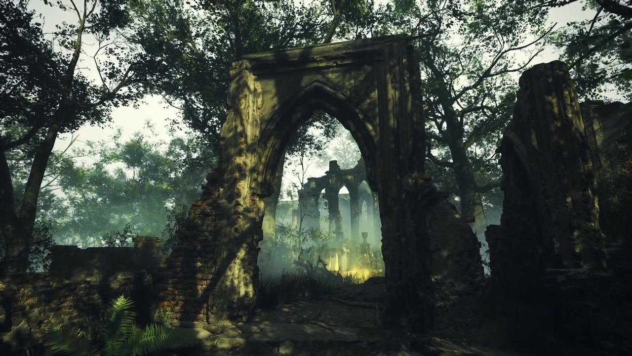 Antiche rovine emergono da una fitta foresta sotto la soffice luce del mattino.