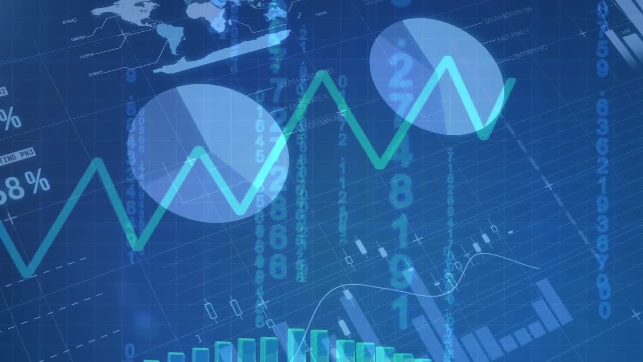 Animation of financial data processing on blue background